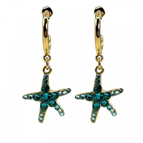 Ekaterini earrings starfish, turquoise Swarovski crystals brown cord and with gold accents